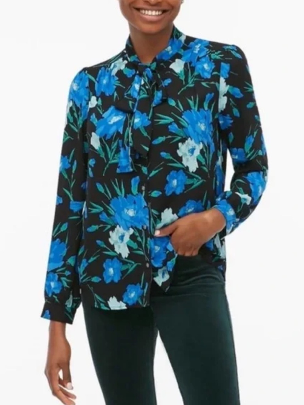 NWT J. Crew Blue
Teal Tie Neck Floral Button Up Women's Blouse Shirt Medium
